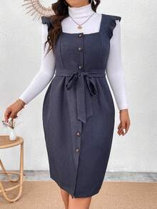 Calvaya Kích thước lớn Viền Ruffle Nút Lên Eo Thắt lưng Với Dây đeo vai Đầm - Nhiều màu - Xem 7