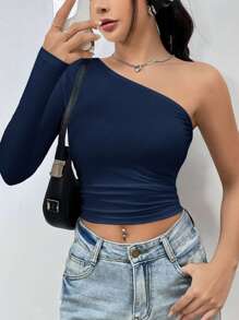 SHEIN Unity Áo crop top xếp nếp một vai dành cho nữ, áo đi chơi - Màu xanh hải quân - Xem 7