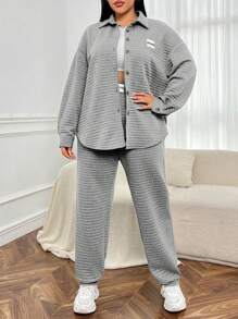 SHEIN CURVE+ 女式加大號字母拼接鈕扣式落肩夾克和慢跑褲套裝 - 灰色 - 查看 6