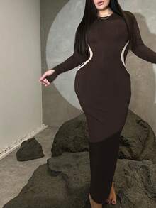 Women's Round Neck Colorblock Bodycon Dress, Elegant