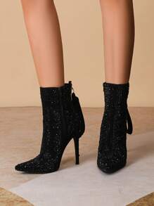 女性時尚高跟鞋短靴帶水鑽裝飾用品 - 黑色 - 查看 1