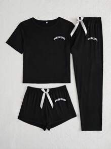 Women's Letter Printed Pajama Set, 3pcs - Black - View 5