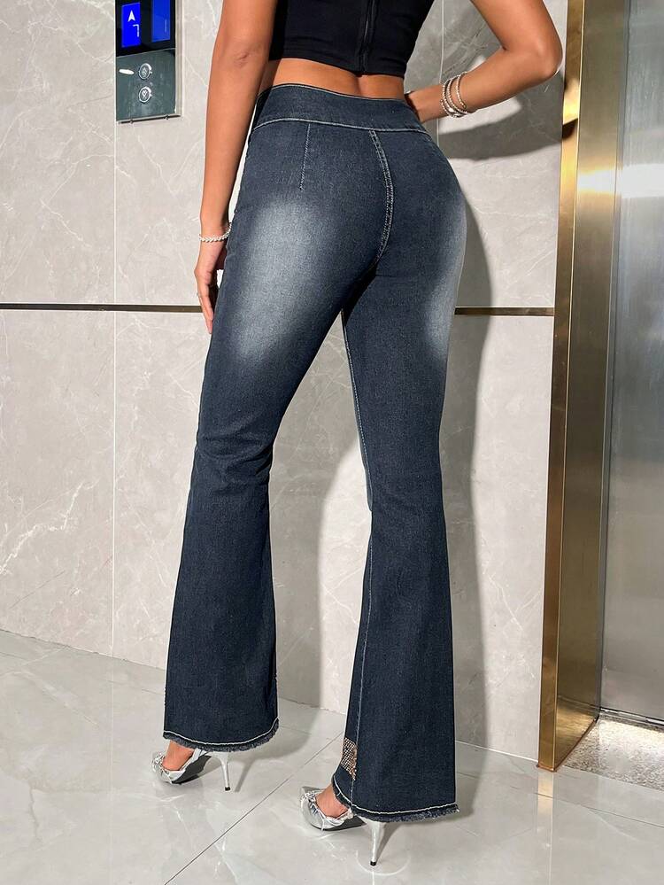 Dark Washed Frayed High Waisted Flared Jeans With Rhinestone Embellishment