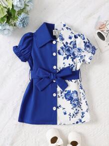 Baby Girl Color Block Floral Print Belted Shirt Dress - Royal Blue - View 1