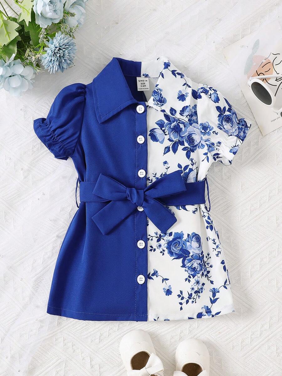 Baby Girl Color Block Floral Print Belted Shirt Dress - Royal Blue - View 1