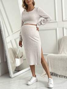 SHEIN Maternity Pearl Decor Crop Top And Adjustable Waist Skirt Set - Apricot - View 3