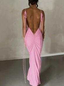 Vestido de tirantes pecho con fruncido de espalda abierta - Rosa - Ver 1