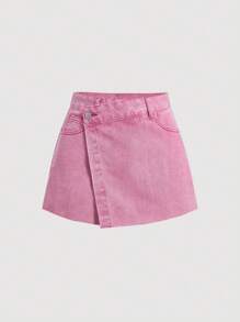 SHEIN MOD Wraparound Pink Denim Skorts With Gradual Waist - Pink - View 1