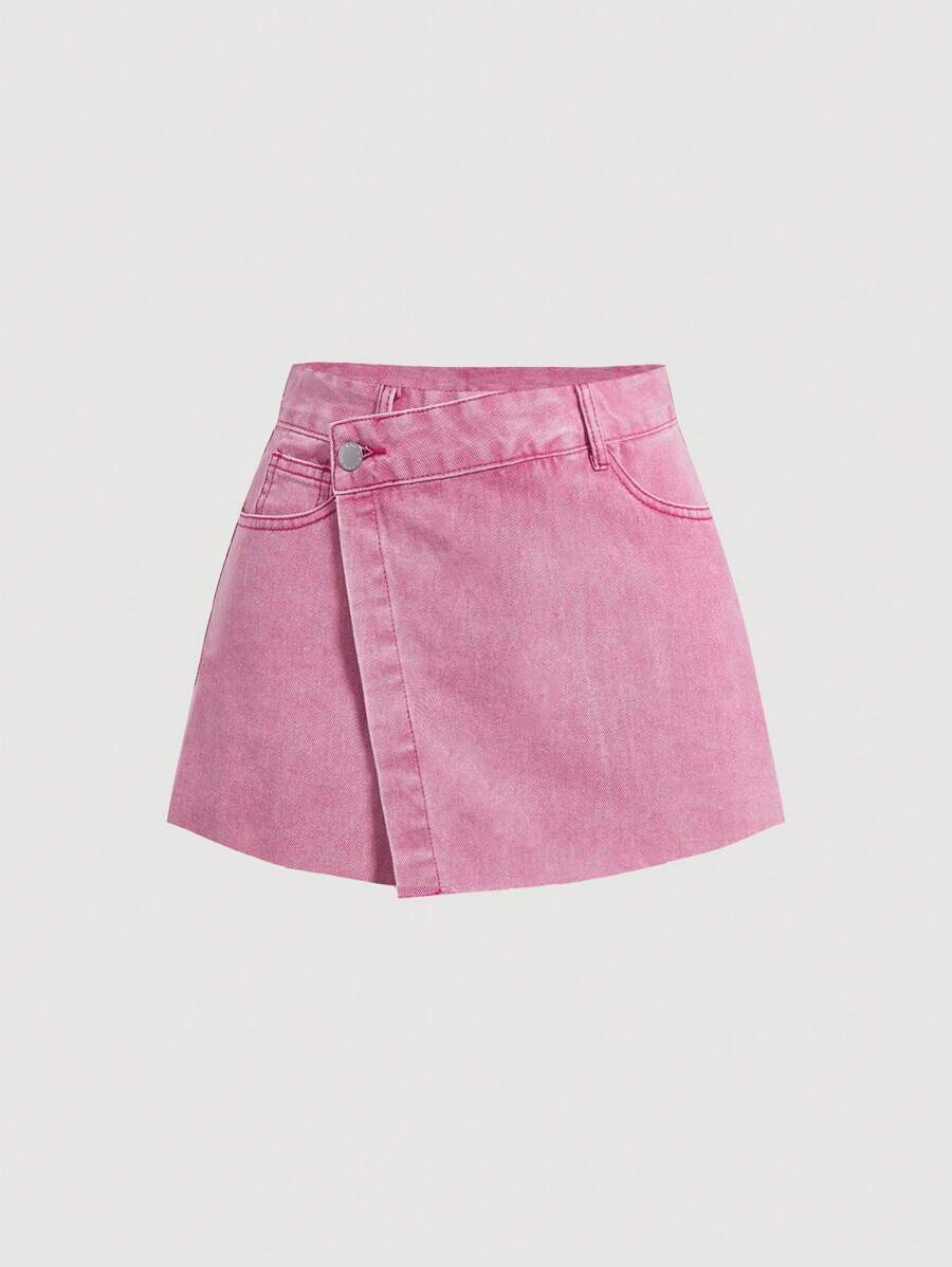 SHEIN MOD Wraparound Pink Denim Skorts With Gradual Waist - Pink - View 1