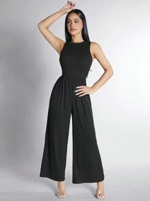 SHEIN PETITE Sleeveless Wide Leg Jumpsuit - Black - View 5