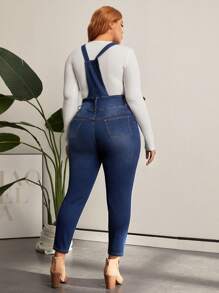 SHEIN LUNE 加大尺碼女士修身牛仔背帶褲 - 中等水洗藍 - 查看 2