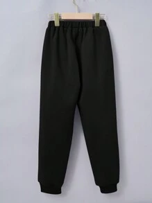SHEIN 補間女孩寬鬆休閒字母印花 T 卹連帽保暖運動衛衣拼布細節運動褲兩件套 - 黑色 - 查看 12
