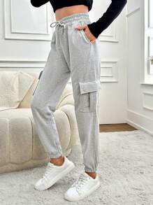 EURMUSE Women's Drawstring Waist Sweatpants With Cargo Pockets - Grey - View 4