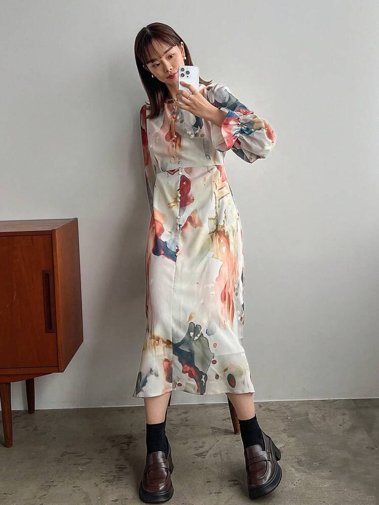 Women's Tie-Dye Ruffle Sleeve Dress,Fall Dress Long Sleeve Dress Floral