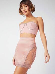 Hauture Lace Panel Trim Satin Mini Skirt - Pink - View 5