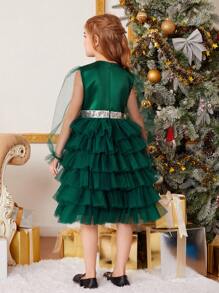 女孩梭織凈色拼接網紗蛋糕裙禮服裝