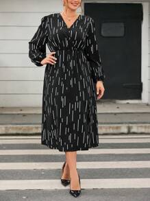 SHEIN Privé Women's Plus Size Lantern Sleeve Printed Dress With Scattered Pattern - Multicolor - View 1