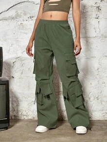 松紧腰口袋宽松阔腿直筒工装裤 - 軍綠色 - 查看 3
