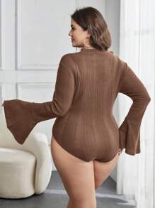 SHEIN Privé Plus Size Women'S Ribbed Bodysuit With Flare Sleeves - Coffee Brown - View 2