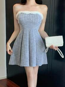 Dazy Designer 女士拼布露肩连衣裙，休闲女士连衣裙返校节连衣裙格子 - 藍色 - 查看 4