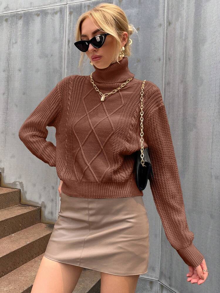 Solid Color High Neck Chunky Sweater With Drop Shoulder Knit Pullover Fall Winter Sweater