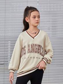 SHEIN Felpa con scollo a V, spalle scoperte, stampa a righe e lettera, con dettagli sul bordo, di stile urban fashion per ragazze adolescenti - Cachi - Visualizzare 2
