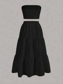 Sweetra Women's Solid Color Cropped Strapless Top And Ruffled Hem Skirt Set