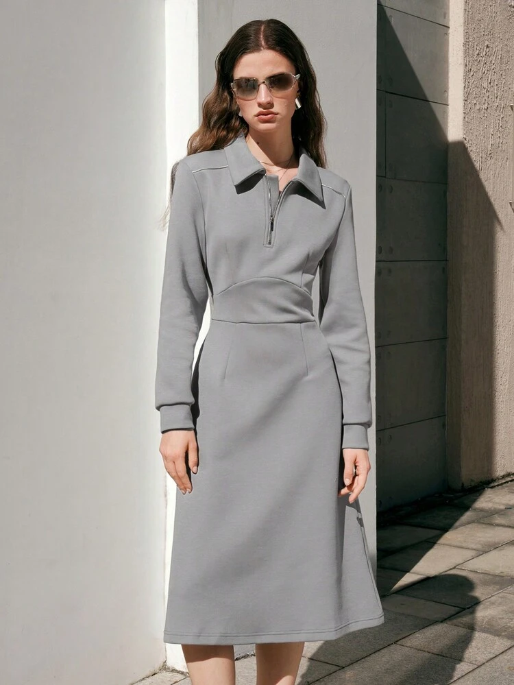 Ladies' Zipper Half Placket Collared Bodycon Dress With Elegant Design Work Dress