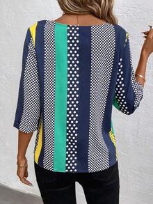 SHEIN LUNE 女款波點及條紋3/4袖衬衫 - 黃色 - 查看 2