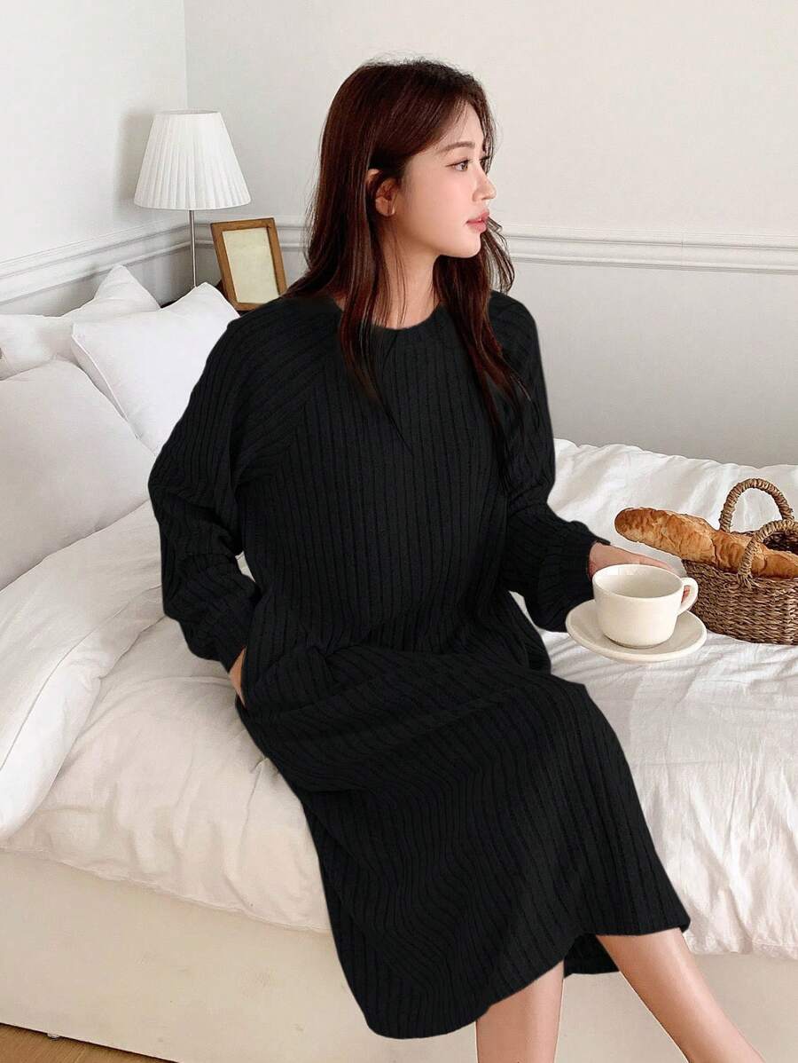 DAZY Women's Long Sleeve Patchwork Homewear Dress - Black - View 1