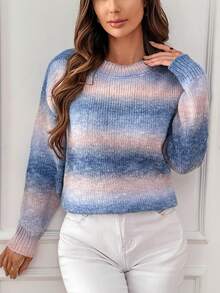 SHEIN Essnce Màu sắc thay đổi dần Thả vai Áo len - Xanh đậm - Xem 2
