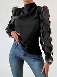 SHEIN Privé 女式刺繡網眼長袖襯衫 - 黑色 - 查看 1