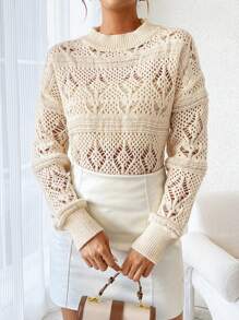 SHEIN Clasi Suéter de punto con hombros caídos y calado para mujer, para otoño e invierno - Albaricoque - Ver 5