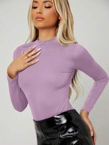 SHEIN Essnce Màu thuần Một nửa Áo cao cổ Tay áo dài Thon gọn Áo thun - Màu tím hoa cà - Xem 1