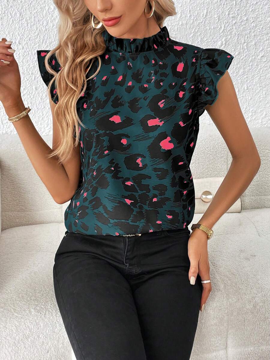SHEIN Clasi 女豹紋飄袖立領襯衫 - 水鴨藍 - 查看 1