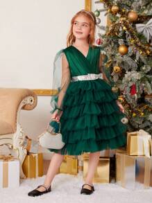 女孩梭織凈色拼接網紗蛋糕裙禮服裝