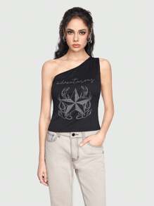 ROMWE Grunge Punk Một bờ vai Mô hình Áo - màu đen - Xem 1