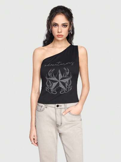 Grunge Punk Top Con Lentejuelas Con Patrón De Un Hombro