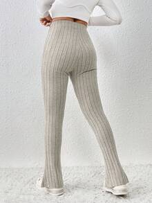 SHEIN Frenchy 女羅紋下擺條紋打底褲 - 卡其色 - 查看 2