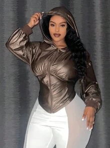 Slaydiva Plus Size Women's Zipper Front Hooded Jacket - Brown - View 3