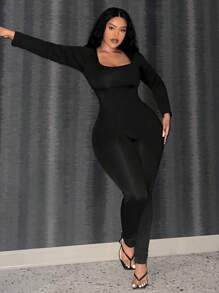 Slaydiva 大码优雅休闲纯色修身 U 领女式连体裤 - 黑色 - 查看 4