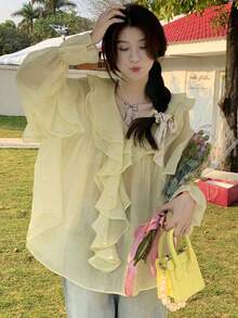 泡泡長袖襯衫,帶有襯褶v領