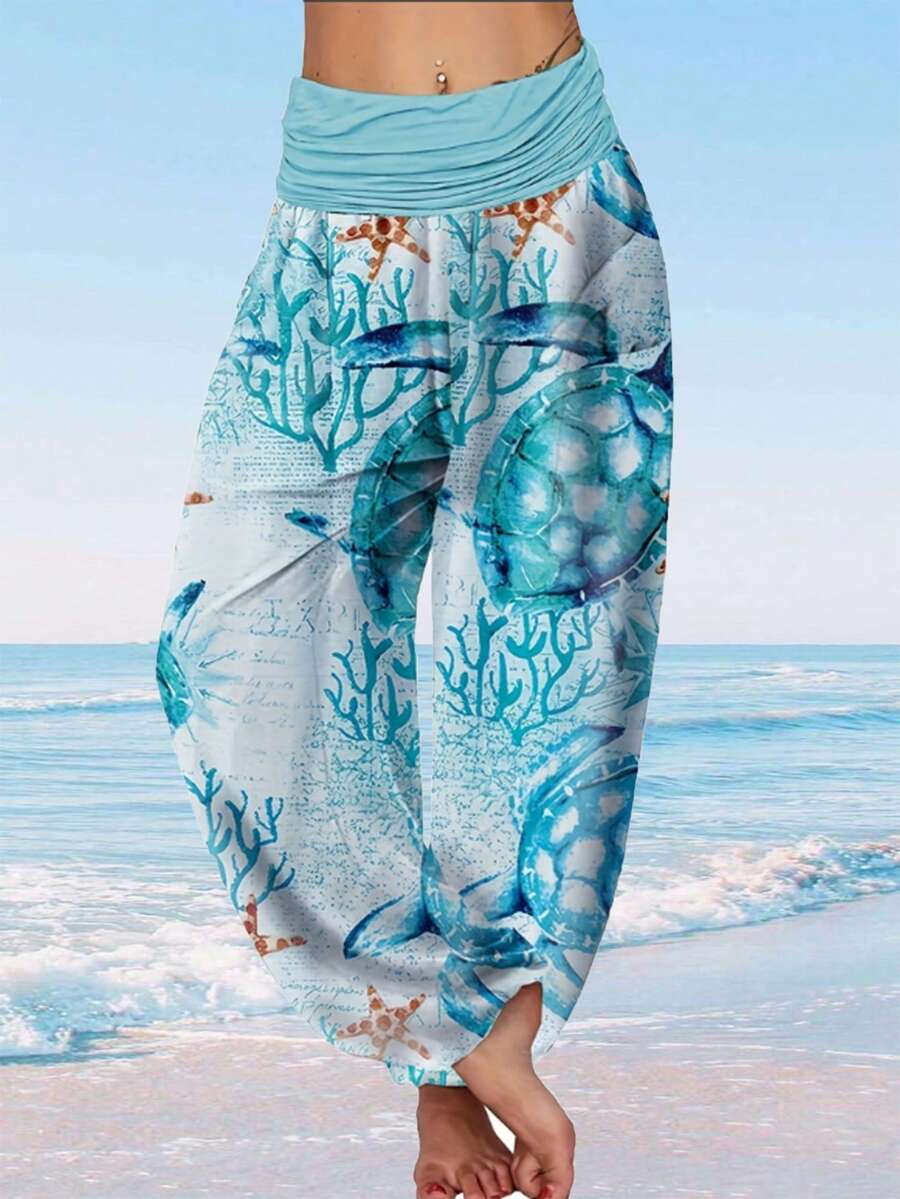YI XUAN Plus Size Knitted Fabric Harem Pants, Ruched Waistband, Turtle And Coral Print, Long Wide Leg Lantern Pants, Suitable For Spring And Autumn Casual Vacation