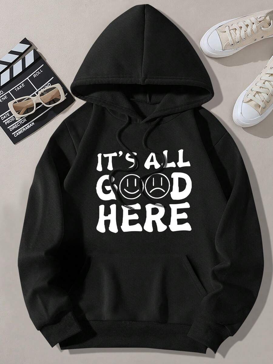 Women's Fashion Kangaroo Pocket Letter Print Hoodie - Black - View 1