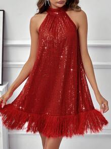 SHEIN Clasi Không tay Vá lại Frayed & Long lanh Halter Neck Đầm - Đỏ - Xem 1
