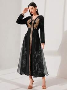 Al Najma Mesh Contrast Floral Applique Long Sleeve Dress Kaftan Jalabiya Dress - Black - View 5
