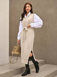 Mulvari Women's Solid Color Sweater Dress With High Slit And Belt - Apricot - View 1