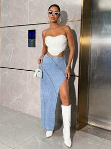 SHEIN BAE Asymmetrical High Slit Denim Skirt