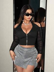 NU&NOW 女性大尺碼網紗拼接拉鍊領口頸套t卹 - 黑色 - 查看 5