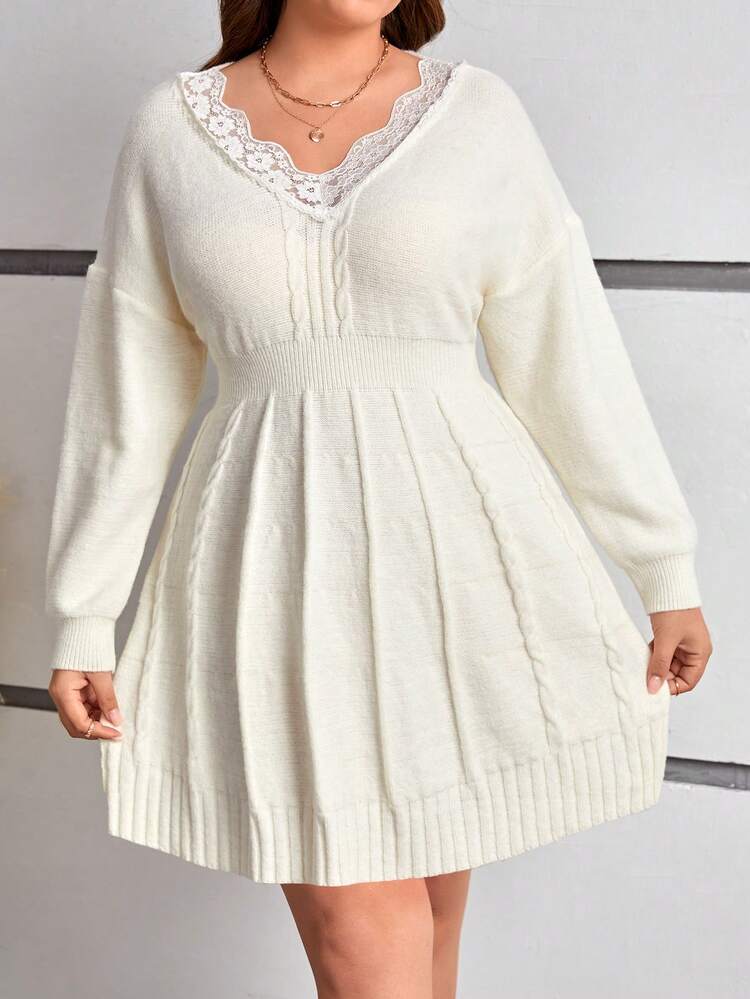 Women'S Plus Size Casual Lace Patchwork Sweater Dress With Cinching Waist